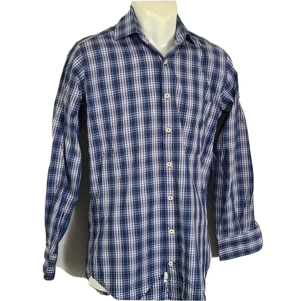Peter Millar Mens Blue Check Plaid Long Sleeve Button Down Shirt sz S Fitted